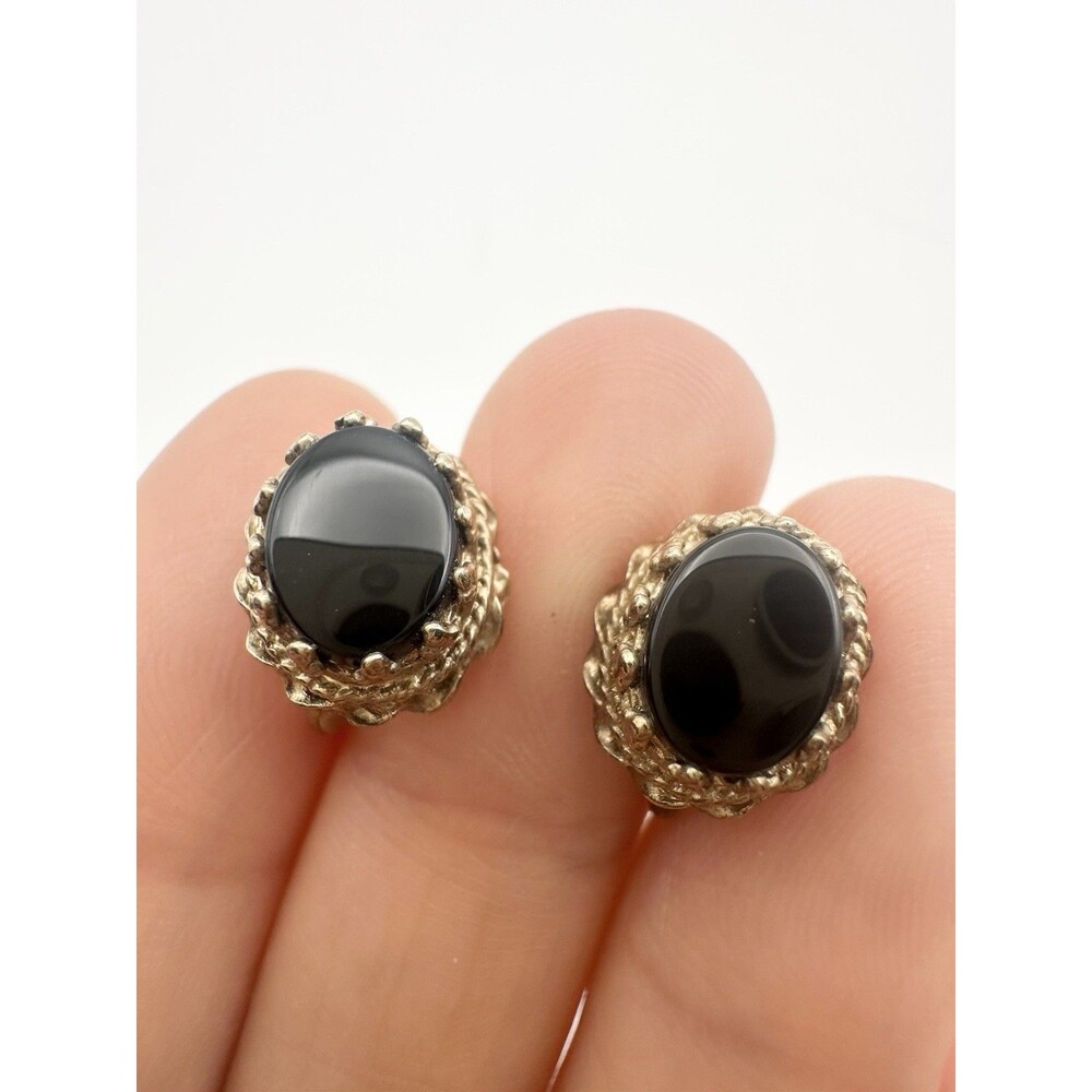 Vintage Gold Over Sterling Silver Black Onyx Screw Back Earrings